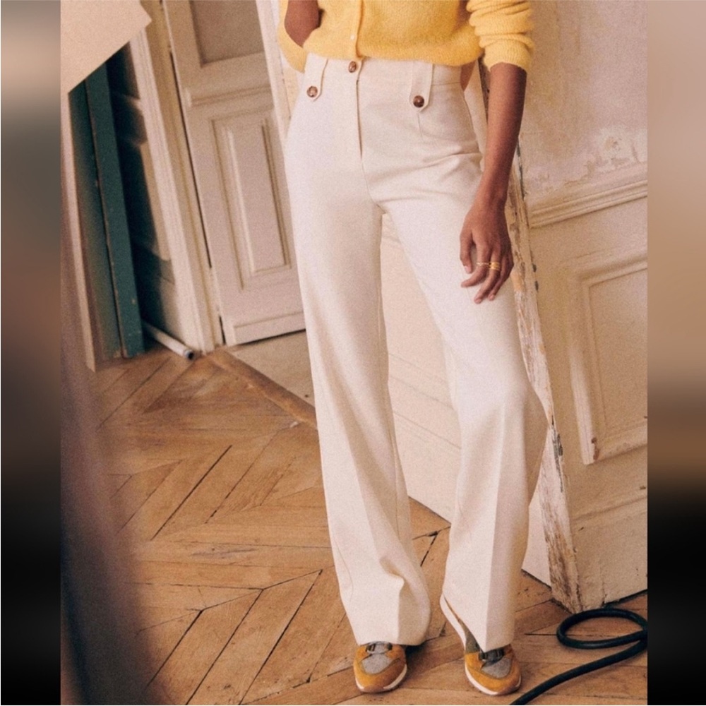 Sezane Soft Cream High-Waist Wide-Leg Trousers - Picture 2 of 14